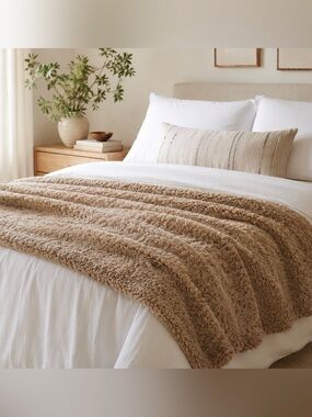 Zara Home Teddy Sherpa Faux Fur Throw Blanket Taupe Beige 140x190cm